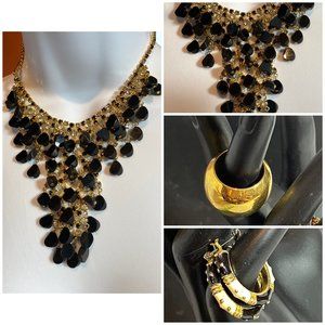 Vintage Black Gold Jewelry Set Necklace Hoops Ring